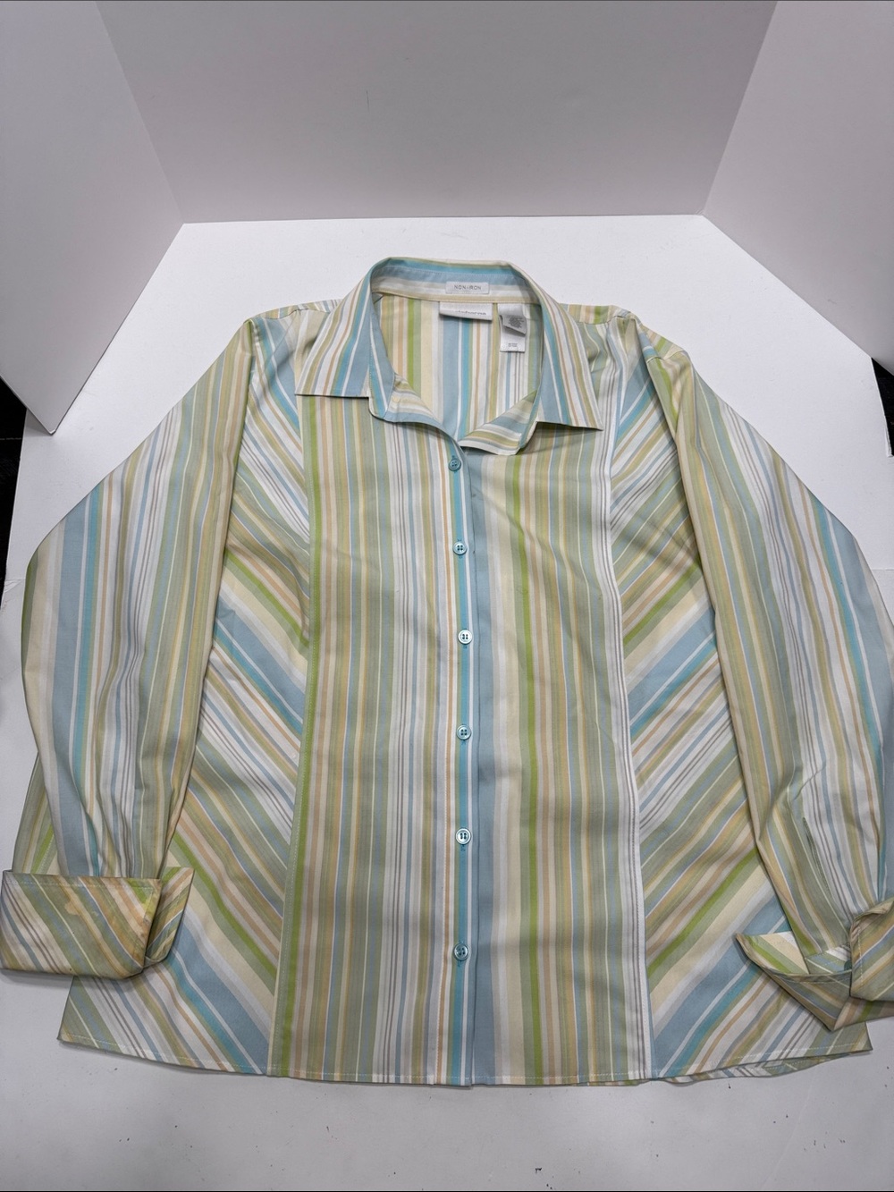 Liz Claiborne Men's Striped Button-Down Shirt in Blue, Green & Cream